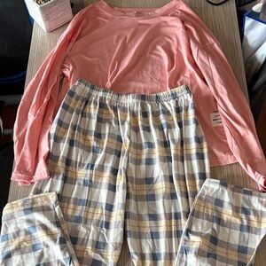 Pink Long Sleeve Pajama Set Plaid Pants Lounge Sleepwear Size L